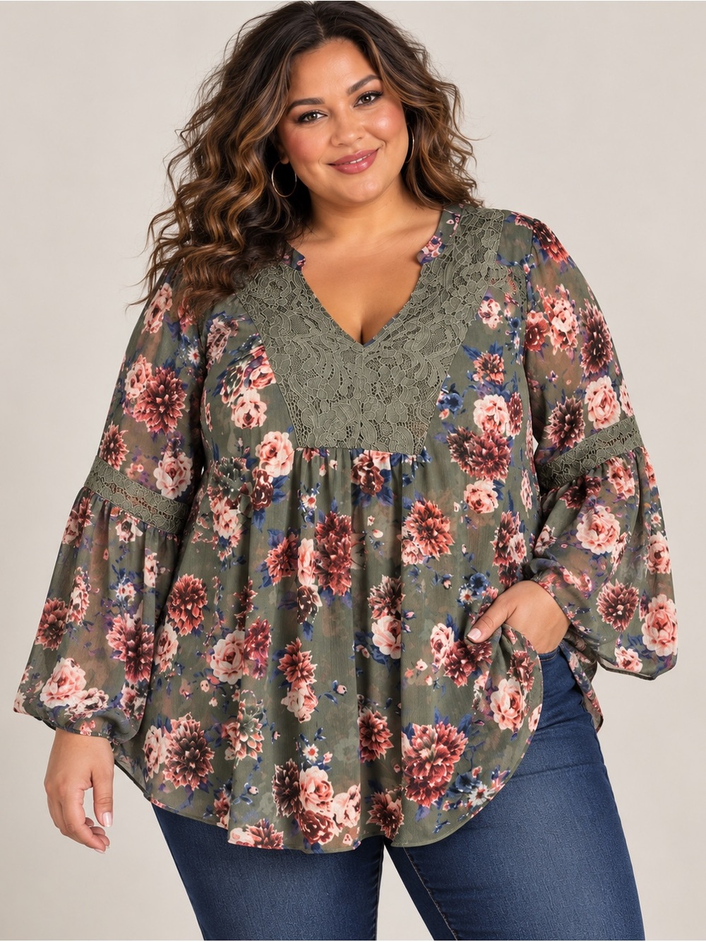 Torrid 4X Olive Floral Lace Inset Bell Sleeve Boho Tunic Blouse